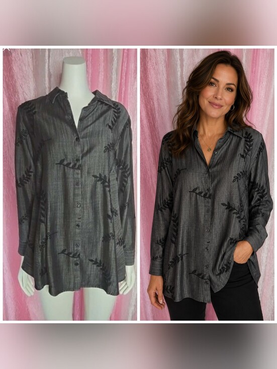 Soft Surroundings Tops - Soft Surroundings Gray Embroidered Leaf Chambray Button Up Tunic Top Size Small